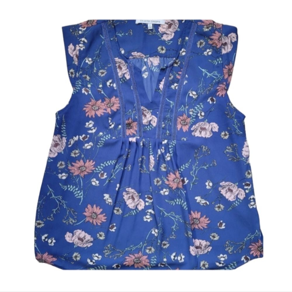 Collective Concepts Floral V-Neck Sleeveless Blouse Blue Pink Size L